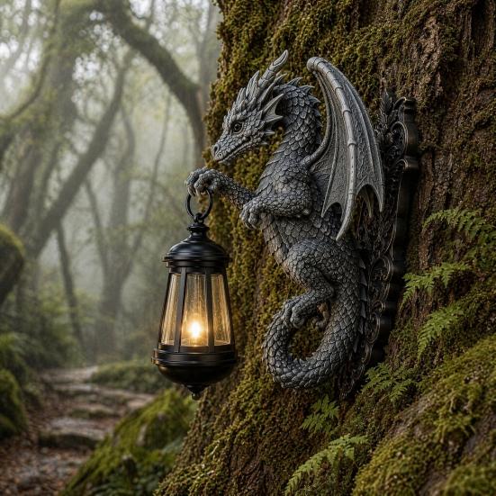 Solar Dragon Wall Light Vintage Resin Outdoor Dragon Sculpture Lamp Waterproof Gothic Garden