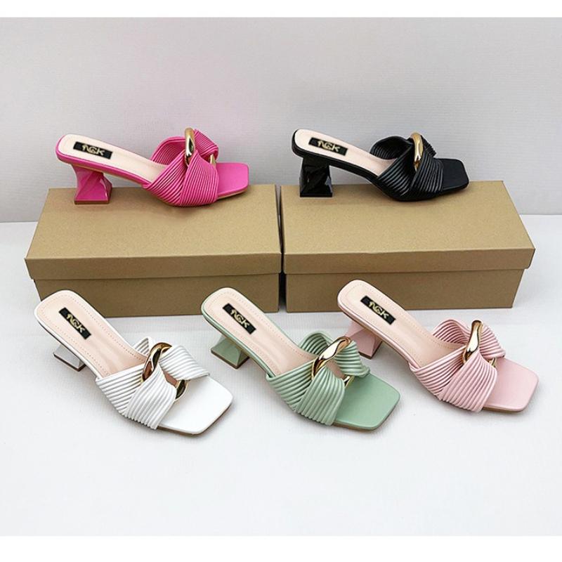 Fashion 2025 New Women's Square Toe Open Toe High Heel Sandals Chunky Heel Metal Buckle Strap Fashion Slides