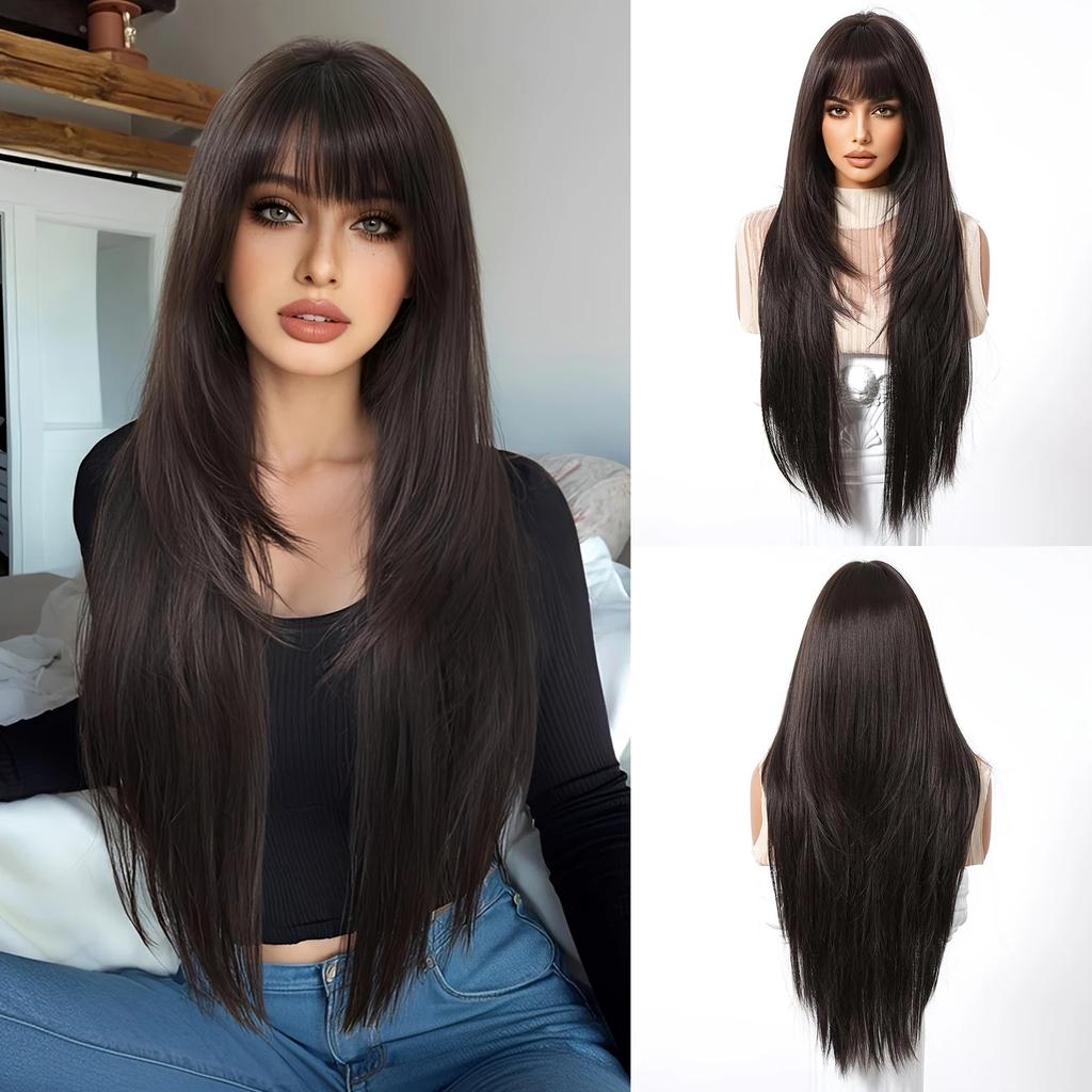 LOUIS FERRE Synthetic Fiber Wig For Women Long Straight Silky Daily Elegant Wigs Black Brown Fake Hair With Bangs High Resistant