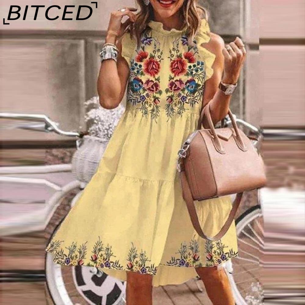 BITCED Women Floral Print Dress Loose Streetwear Knee Length Sleeveless Ruffle Party Dress S-3XL