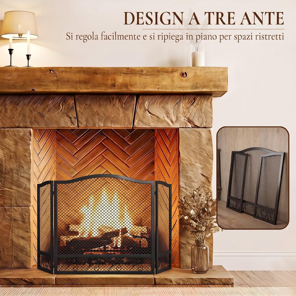 Folding 3-Panel Fireplace Spark Guard. 107x1x60cm. Black