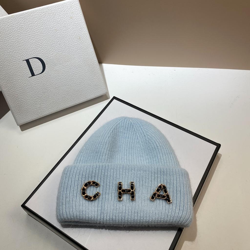 Chain Letter Cha Simple Wool Hat Winter Warm Rabbit Hair Double Fold Knitted Hat Outdoor Ear Protection
