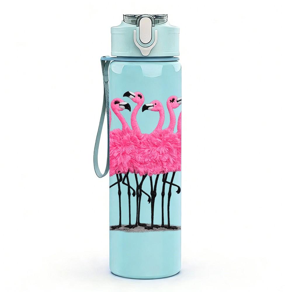 1PC Pink Flamingo Bird Tropical Print 750ml Color Plastic Sports Water Bottle Leakproof Flip Straw Lid Suitable for Sports Office Home Use