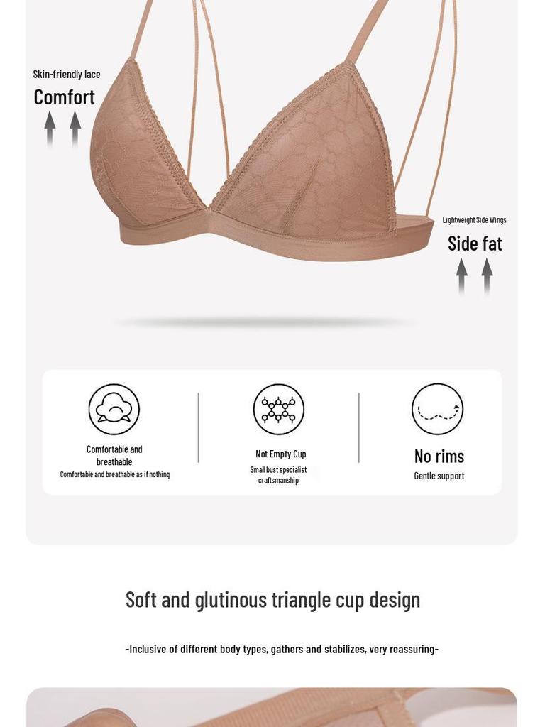 French Triangle Cup Lace Bra: Breathable, Wire-Free, Sexy Back Design for a Small Chest