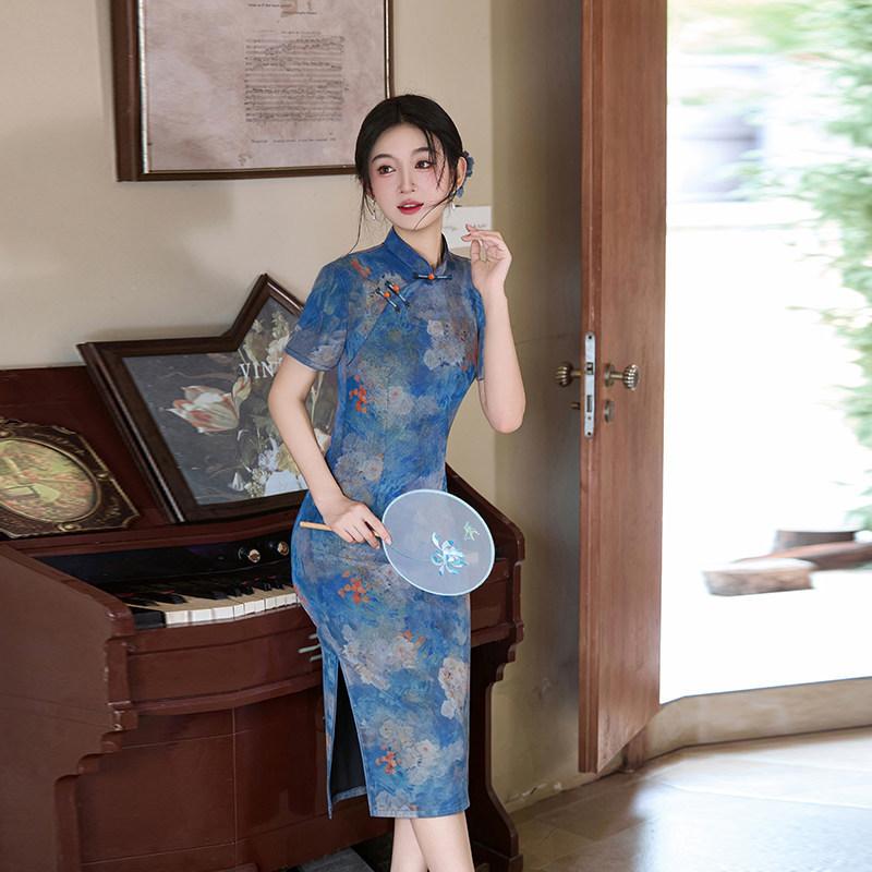 Mavi ulusal tarz yeni Çin tarzı Suzhou orta ve uzun cheongsam geliştirilmiş genç 1011 yeni kadın yüksek kaliteli his küçük adam
