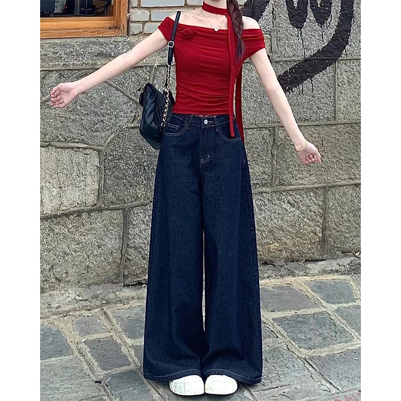 

Women s Petite Dark Blue Wide-Leg Summer Jeans - Retro Loose Fit, Slimming Draped Straight-Leg, Floor-Length Pants L темно-синий