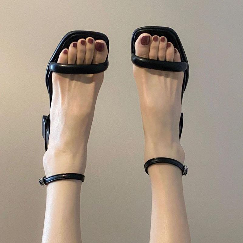 Fashion French Sandals Female Summer Square Toe Pink Thick High Heels Temperament Women Sandals New 2025 Ankle Buckle Sandales Femmes