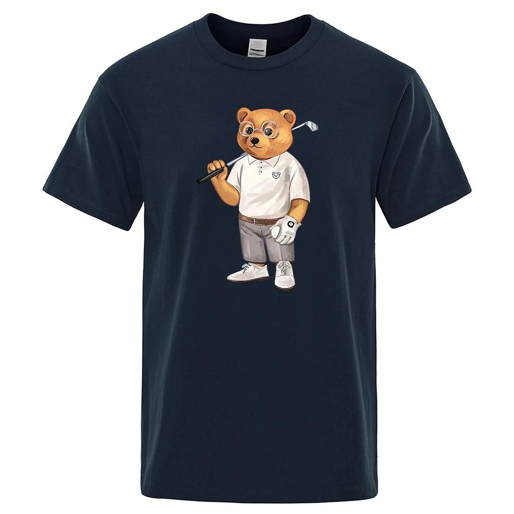 Gentleman Teddy Bear Playing Golf Men T Shirts Summer Cotton Sweat T-Shirts Breathable Loose Clothes Hip Hop Street Short Sleeve
