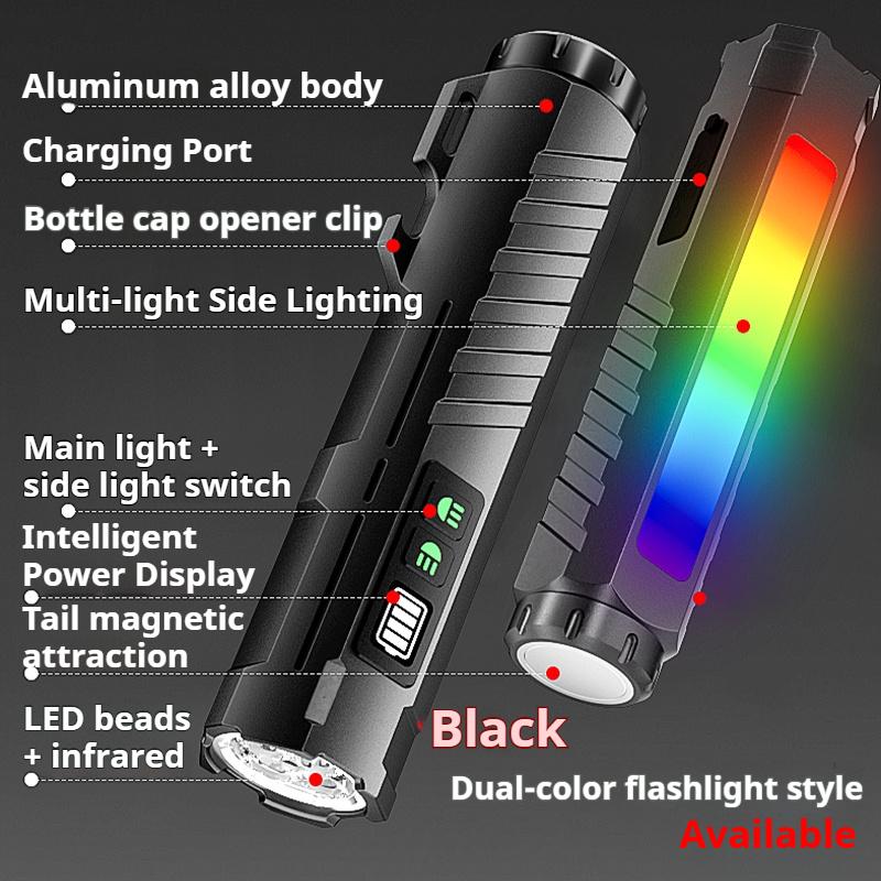 Magnetic Rechargeable Portable Work Light Flashlight with Battery Display, Dual Light Source Aluminum Alloy Body, Camping, Cold Resistant