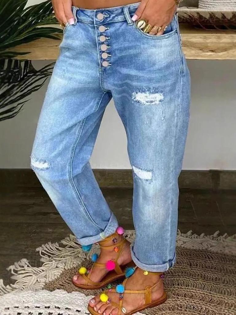 2025 Damen Blaue Zerrissene Lockere Straight-Leg Jeans: Europäischer & Amerikanischer Stil, Gewaschene Lässige Lange Hosen