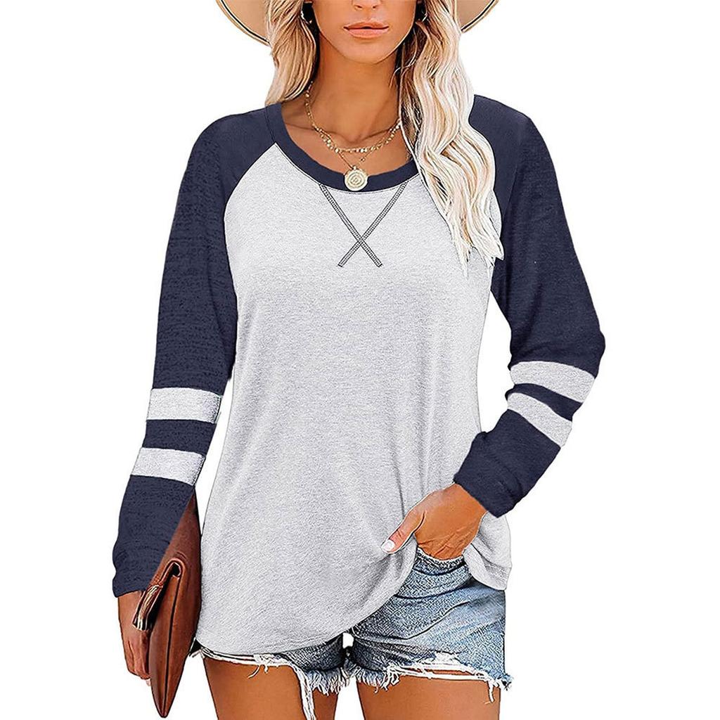 Ladies' Casual And Fashionable Color Blocked Round Neck Long Sleeved Casual Loose T-shirt Top