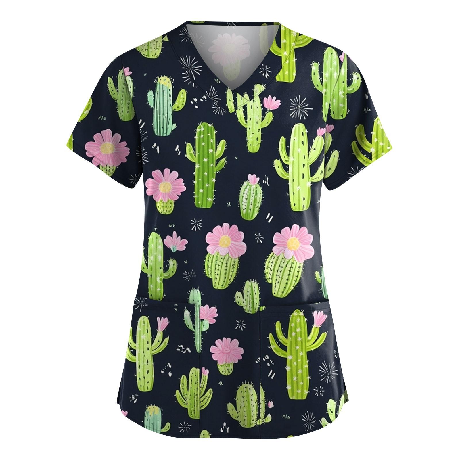 Women s Fashion Short Sleeve Cute Cactus Printed V-Neck Pocket Workwear Top S