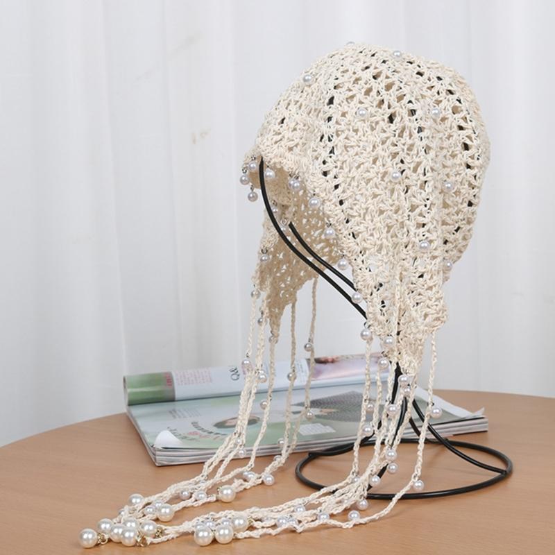 Elegant Pearls Beanie Hat Breathable Hat Y2K Crochet Beanie Hat Holiday Y2K Crochet Hat Encrusted Pearls