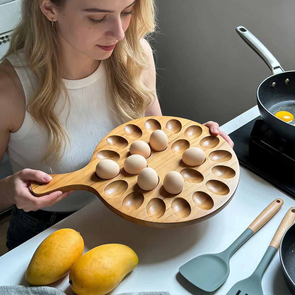 Egg Serving Tray, Wooden Storage Container For Appetizers, Party Platter For 24 Eggs, Bamboos Wood