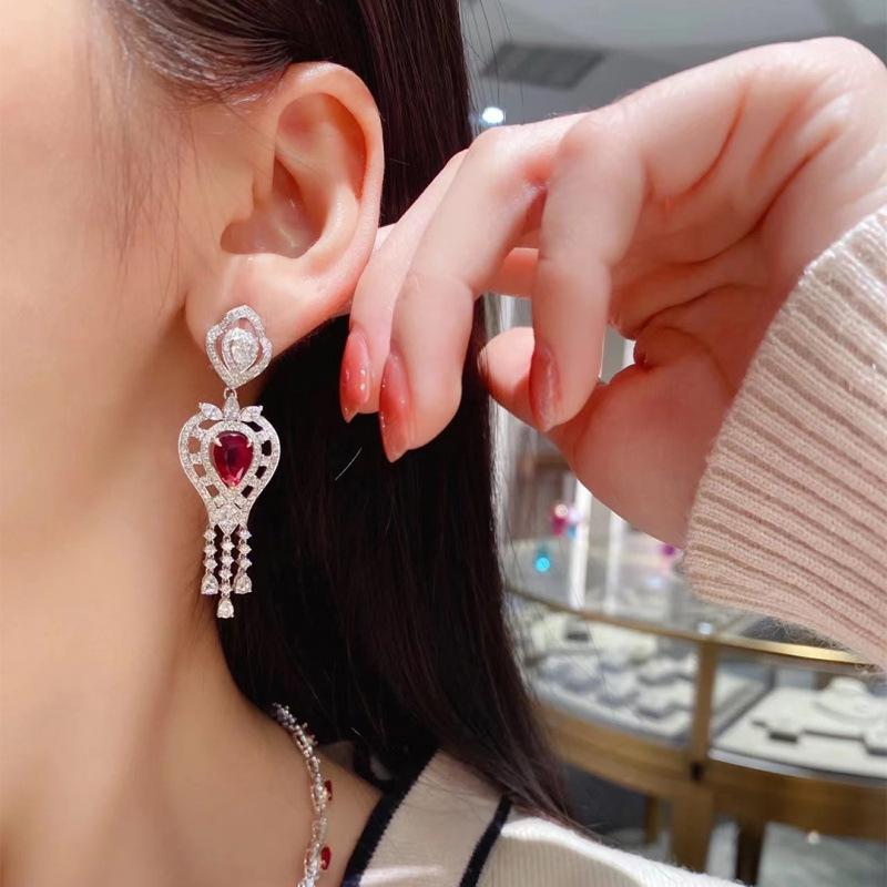 Elegant Ruby and Zirconia Stud Earrings for Women - Trendy French Design, Light Luxury, Versatile.