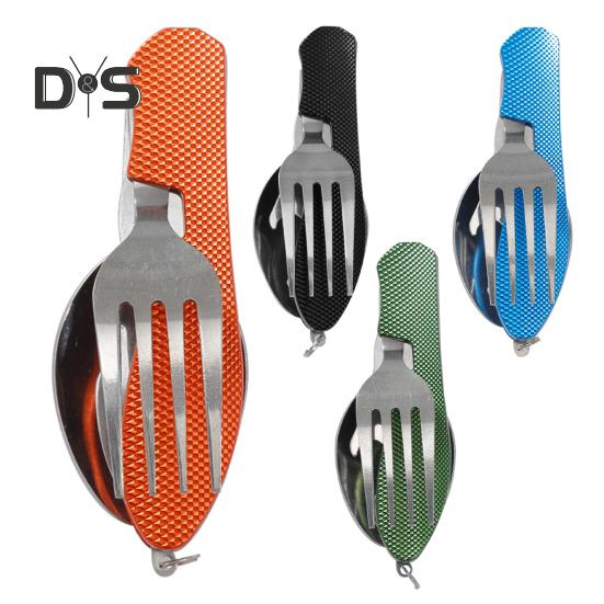 Outdoor Portable Folding Cutlery Heavy Duty Metal Travel Picnic Hiking Backpacking Multifunctional Detachable Fork Spoon Fruit Cutter Collapsible