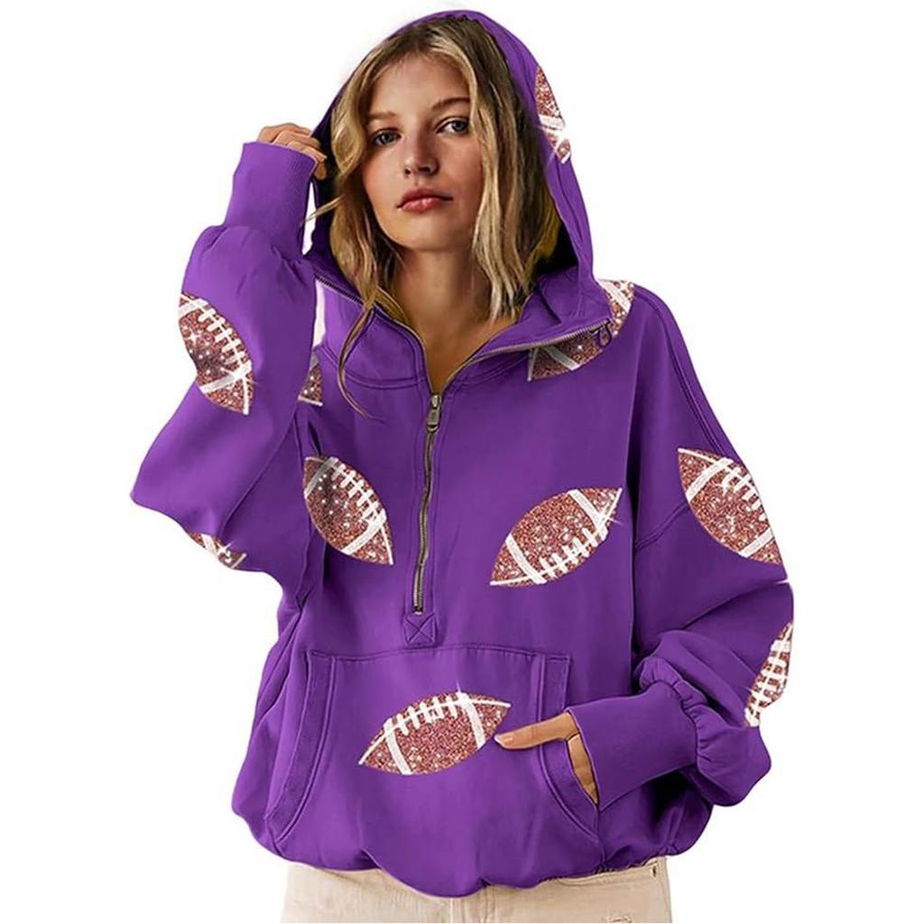Women's Sports Shirt With Soccer Sequins And Pockets Long Sleeved Half Zip Hooded Top
