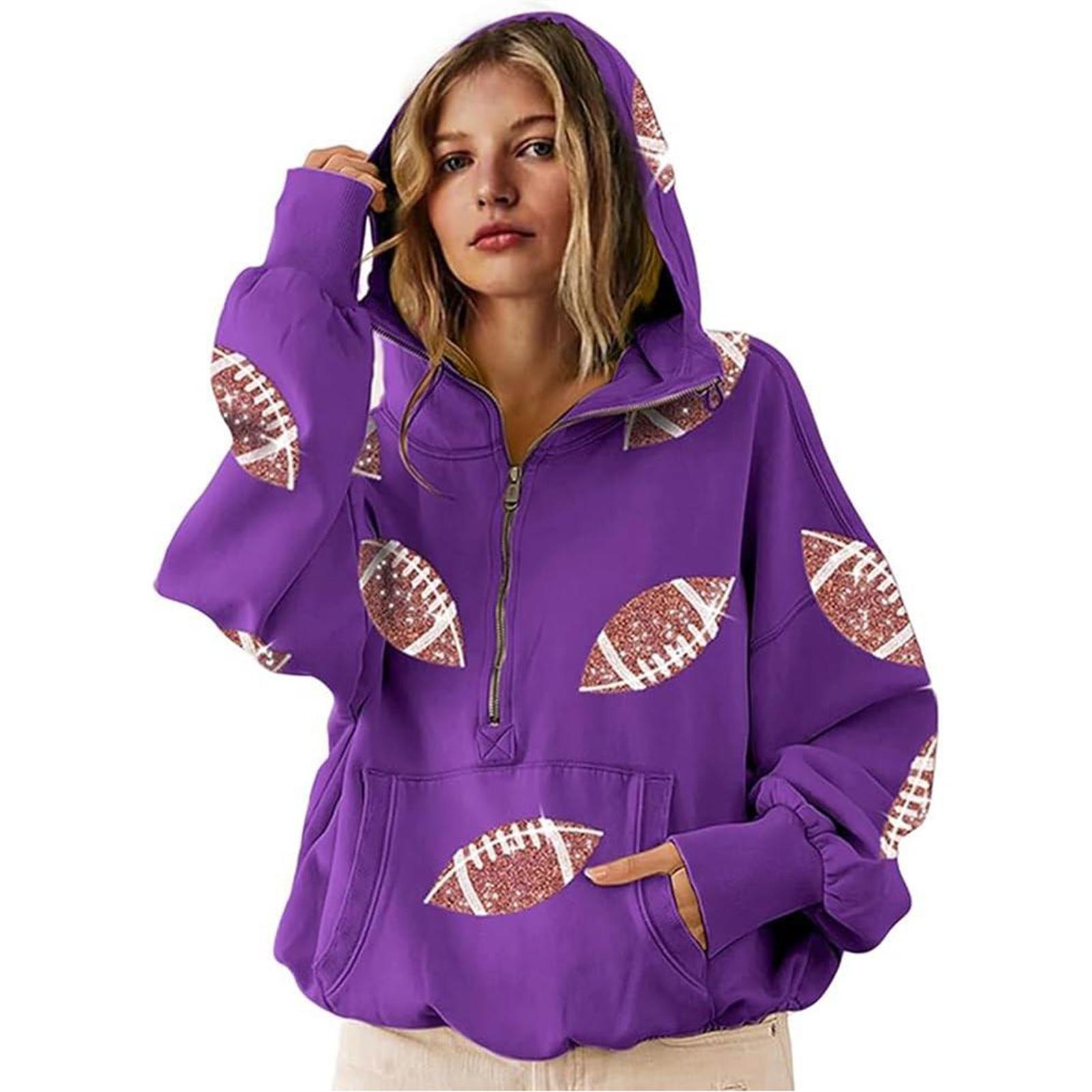 

Women s Rugby Print And Pockets Long Sleeved With Half Zipper Non Velvet Thread Hooded Sweatshirt Sweatshirt L фіолетовий