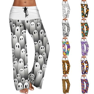Women's Drawstring Elastic Waistband Wide Leg Color Matching Halloween Printed Casual Pants