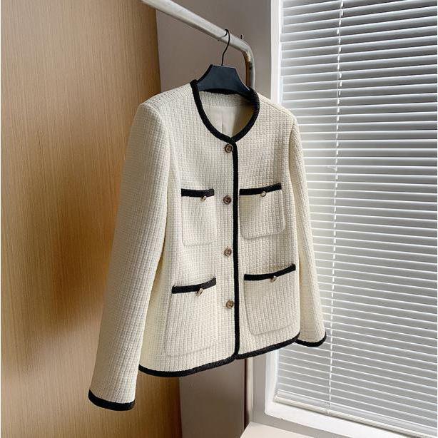 

Женское твидовое пальто большого размера в стиле колор-блок - Ароматный корейский стиль, Круглый вырез, Свободный крой, Универсальная верхняя одежда S (Recommended for 90-100 jin)