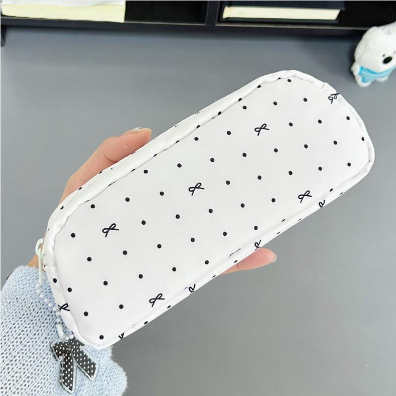 Portable Cute Bow Pencil Case Polka Dot Aesthetic Stationery Pouch for College Students Travel Use