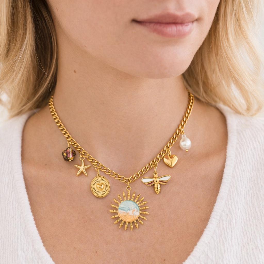 Bohemian 18K Gold-Plated Stainless Steel Sun Bee Pearl Pendant Necklace for Women