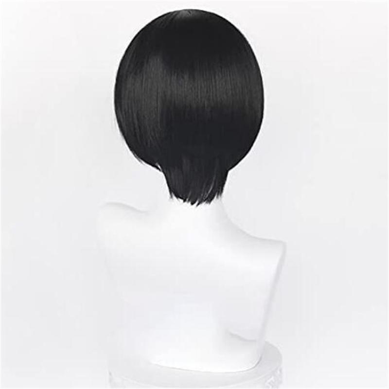 Vysoko kvalitná parochňa na cosplay Ada Wong 32 cm krátka čierna s pokožkou hlavy, žiaruvzdorné syntetické vlasy, anime, hra, film, cosplay parochne + sieťka na parochňu