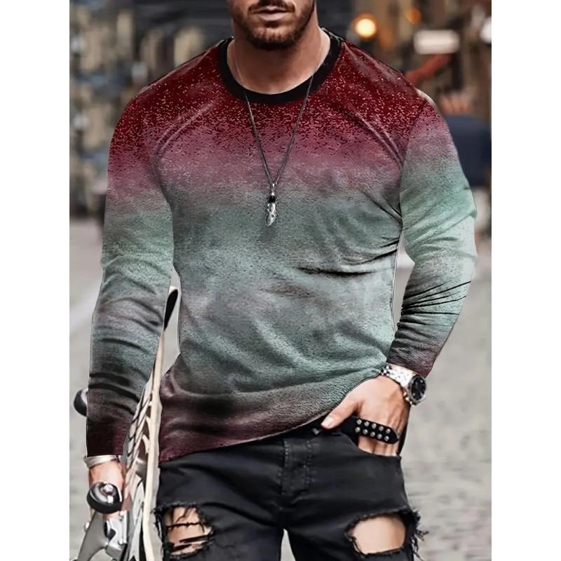 Vintage T-Shirt for Men Irregular Plaid Graphic T Shirts Round Neck Long Sleeve Tee Oversized Man Clothing Top Creative Clothing
