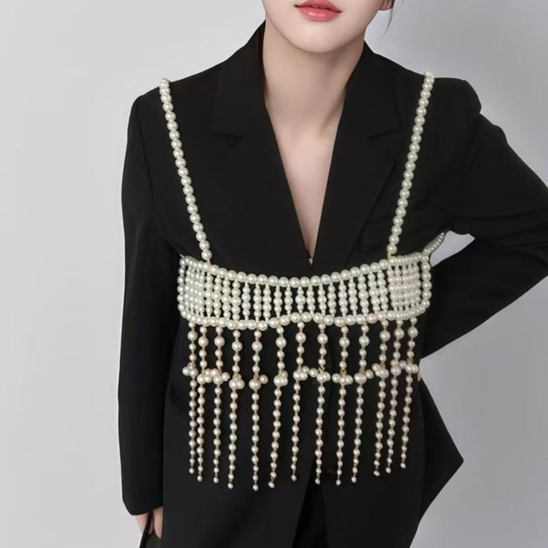 Elegant Pearls Chest Chain with Rhinestones Layered Crystal Body Chain Jewelry for Women Party and Festival Wear