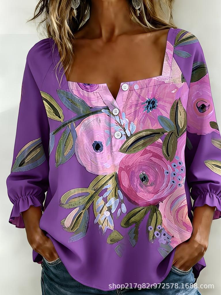 New Xiyin Summer T-Shirt Women's Printed Square Neck Button Bubble Sleeve Women's Top Women's