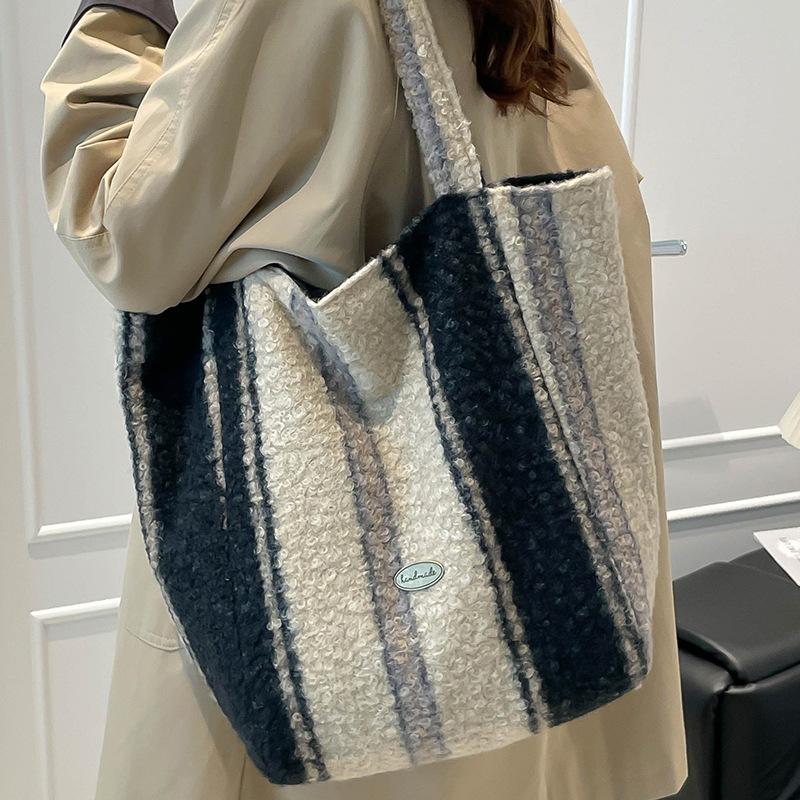 Striped Plush Bag Women's Autumn New Trendy Fashion College Style Tote Bag Casual Large-capacity Woolen Bag