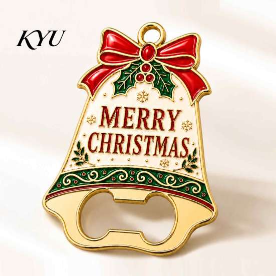 Enamel Beer Opener for Fridge Christmas Bell Bottle Opener, Heavy Duty Cap Remover, Magnetic Refrigerator Magnet, Metal Holiday Kitchen Bar Decorative