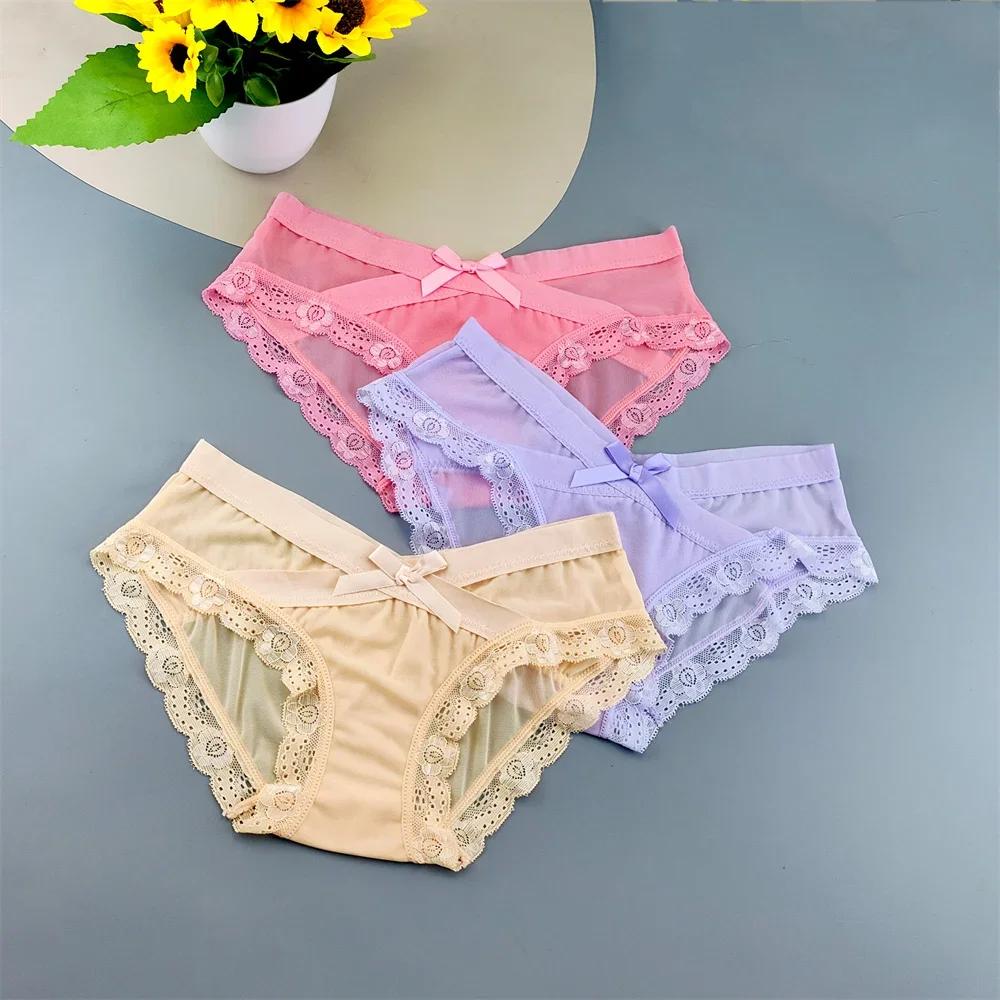 3PC Low Rise Lace Ruffles Women's Mesh Underwear Sweet Ladies Perspective Sexy Briefs Comfortable Panties
