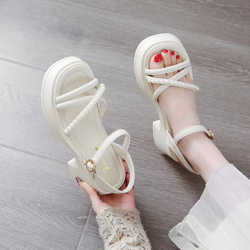 Fashion Buckle Strap Female Sandal Women's Beach Shoes Increasing Height Clogs with Heel Girls Outside New Pearl Thick Comfort Sandal