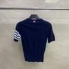 Summer Classic Four-Bar Cashmere Women's Short Sleeve Top - Comfortable, Versatile, and Slimming Design