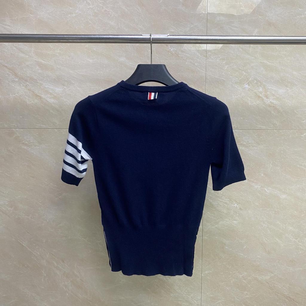 Summer Classic Four-Bar Cashmere Women's Short Sleeve Top - Comfortable, Versatile, and Slimming Design