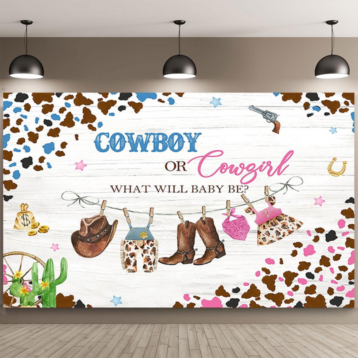 A background cloth for revealing gender in the West Is it a cowboy or a cowgirl? What will it be? Party decoration 100x150cm