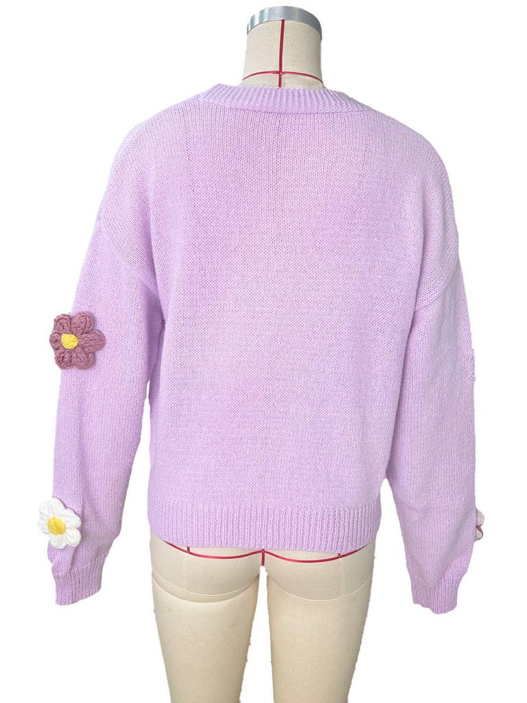 Floral Pattern Button Knit Cardigan - Cute 2024 Loose Long Sleeve Sweater