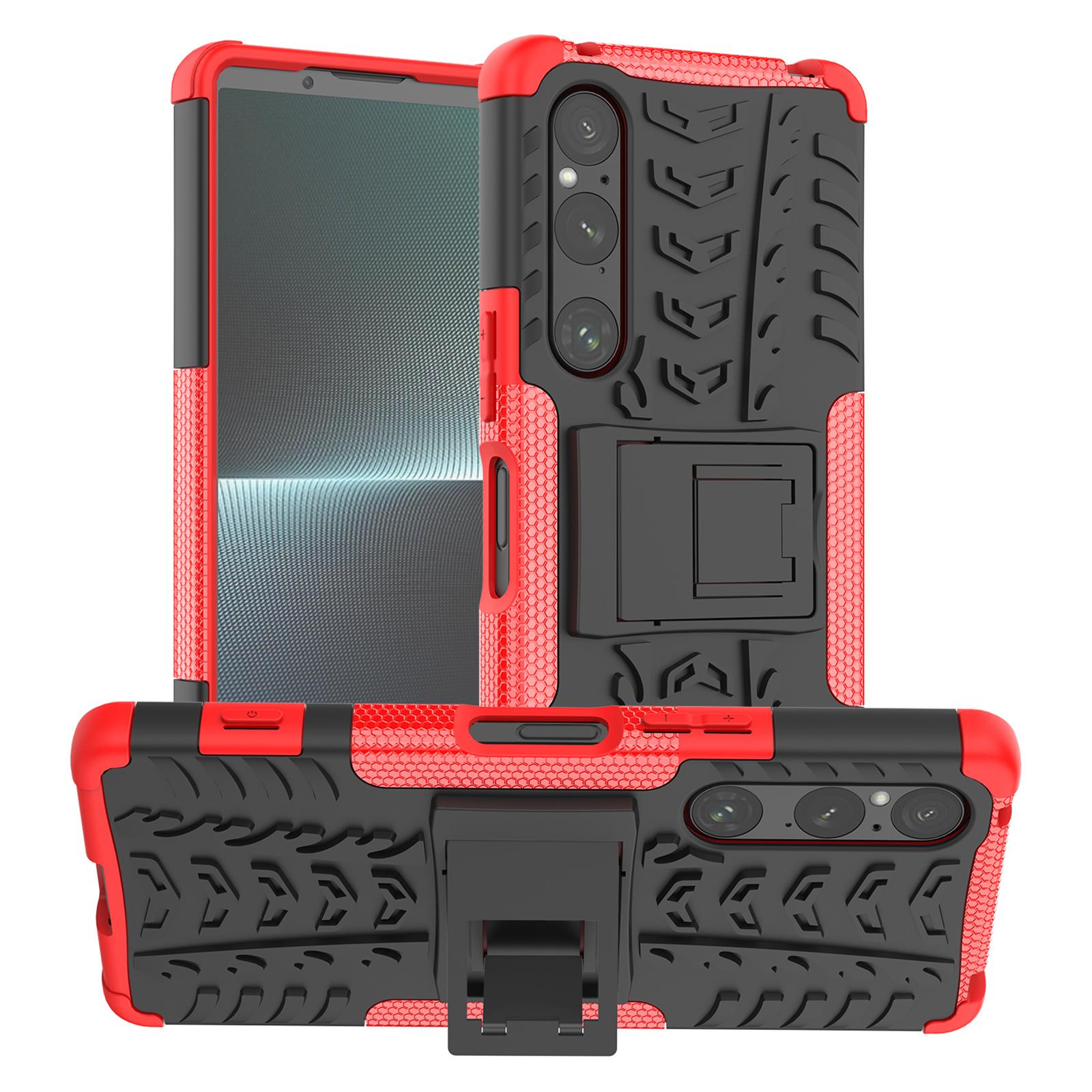 

For Sony Xperia 1 V Tyre Pattern PC+TPU Phone Case Kickstand Shockproof Cell Phone Cover Red