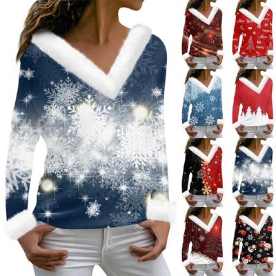 Women's Fashion Long Sleeve Christmas Printed Party Plush Neck V-Neck Top