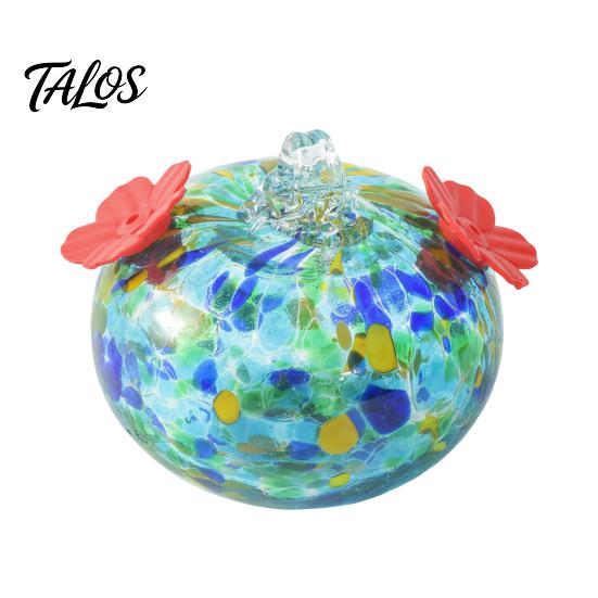 Talos Blown Glass Hummingbird Feeder, Outdoor Hanging Colorful Nectar Feeder with Two Flower Feeding Ports for Garden Backyard Decor