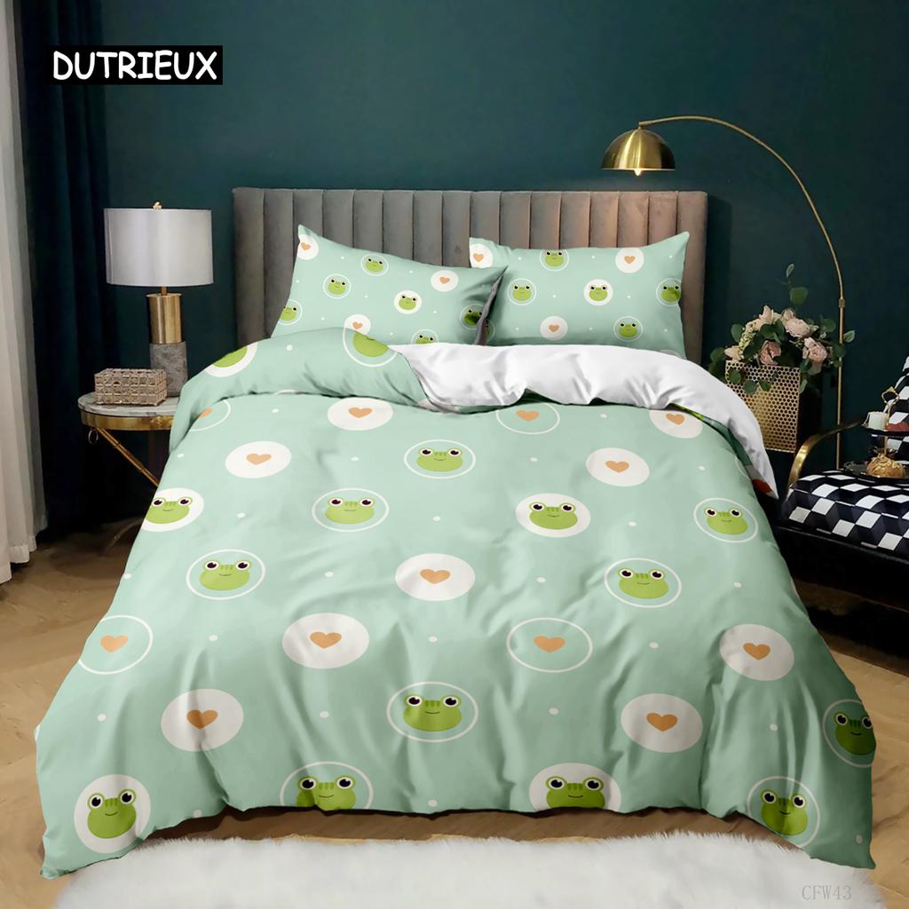 Cartoon Frog Duvet Cover Set Light Green Cartoon Frogs Cute Dragonfly Animal Bedding Set for Kid Twin Size Polyester Quilt Cover