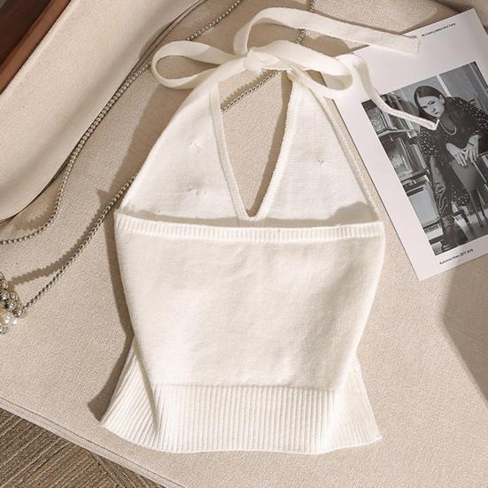 Women Tops Halter Neck Beaded Faux Pearls Camisole Soft Stretchy Loose Fit Solid Color Knitting Tops Work Party Wear