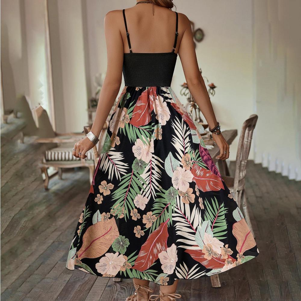 Dam Vår Enfärgad Tryck Ärmlös Hängslen Klänning Sommar Casual A-linje Hög Midja Axelbandslös Camisole Långa Klänningar XS-XL