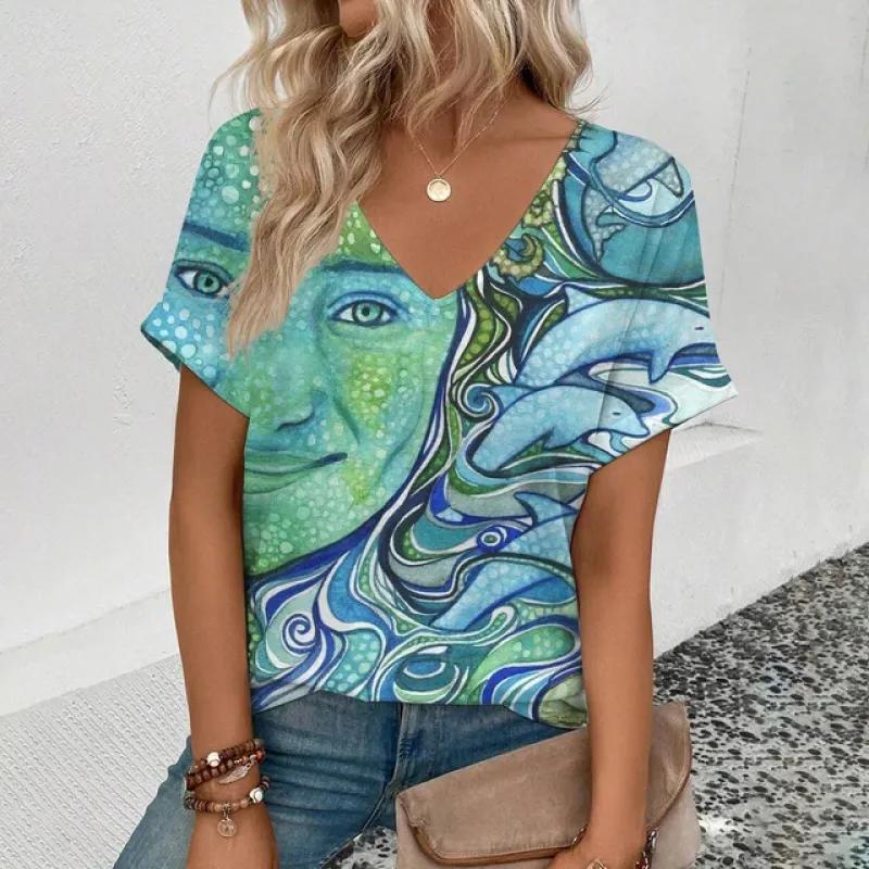 2024 Sommer Freizeit Bequemes T-Shirt Damen Elegantes V-Ausschnitt T-Shirt Mode Herzförmiges Muster Druck Kurzarm T-Shirt