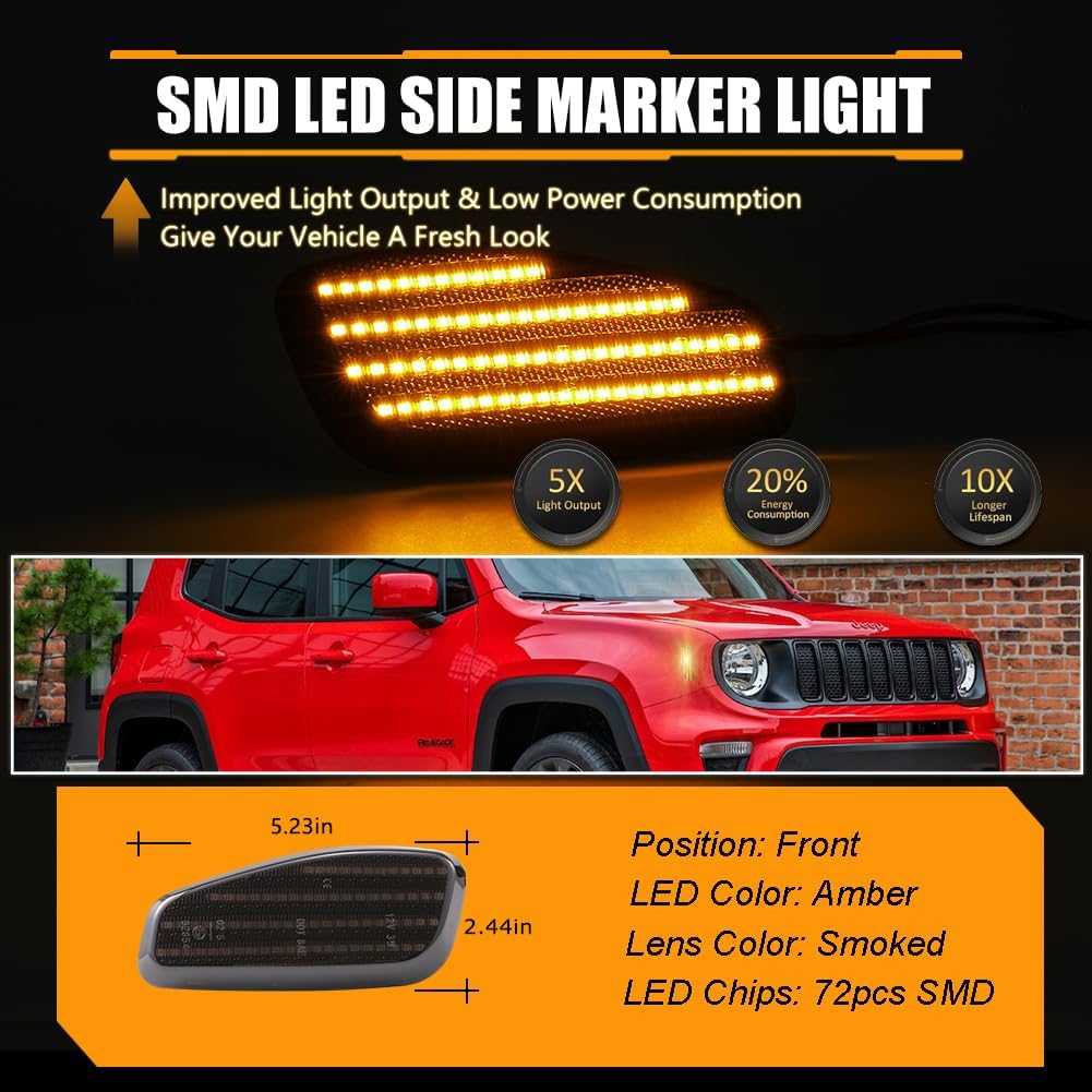 Front Fender LED Side Marker Lights for 2015 2016 2017 2018 Je-ep Renegade, Renegade Smoked Lens Side Bumper Marker Lamps, Amber LED Side Markers