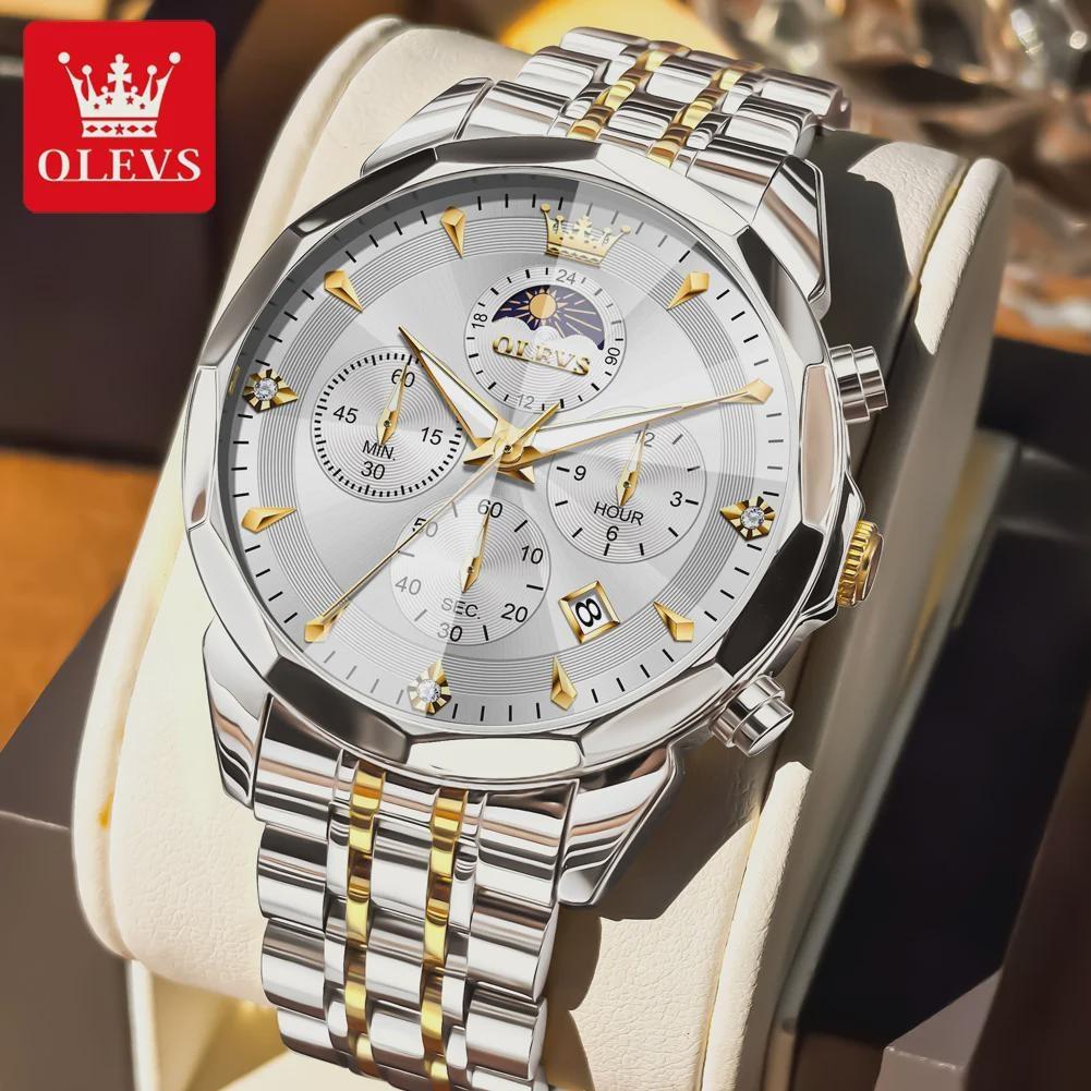 Mens Business Watch Fashion Quartz Watches Multifunctional Chronograph Waterproof Moon Phase Watch Mens Gifts