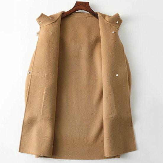 Winter Double Sided Woolen Coat Women Solid Color Hooded Overcoat Loose Large Pockets Outerwear Streetwear