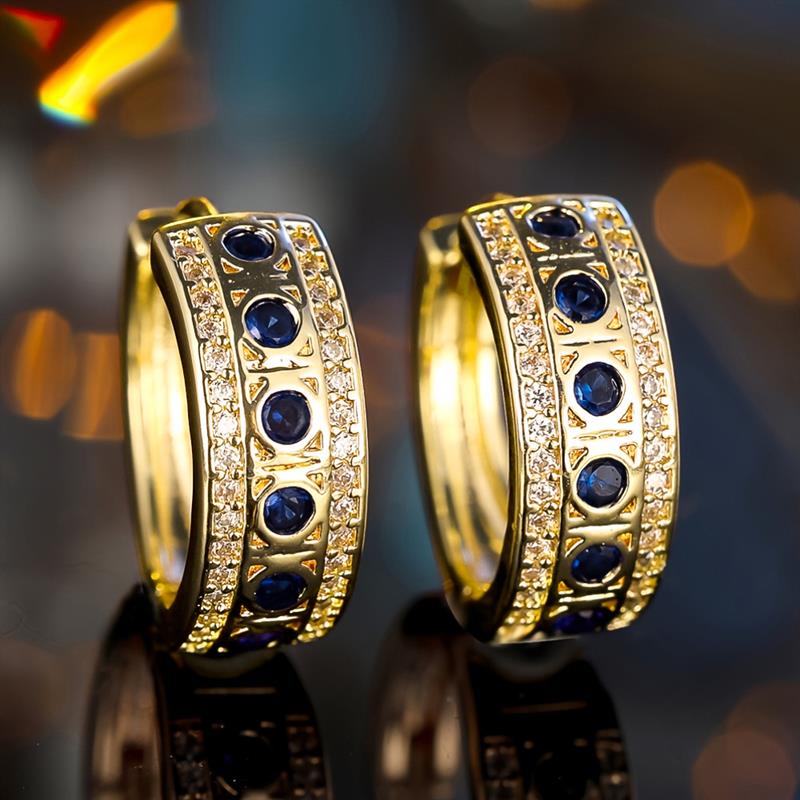 Huitan Noble Women Gold Color Hoop Earrings Inlaid Shiny Blue CZ Bohemian Style Party Lady Accessories Gentle Fashion Jewelry