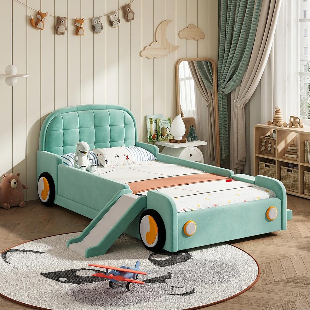 Bett, Autofahrerbett mit Rutsche und Treppe, Links/Rechts montierbar, Polsterbett in Petrol, Spielbett mit Absturzsicherung für Kinderzimmer, 90x200 cm